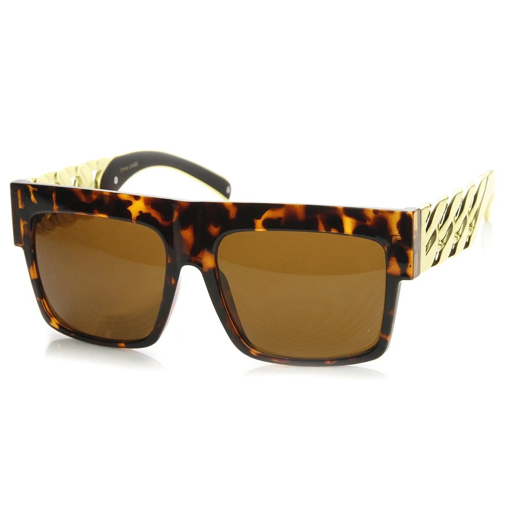 Flat Top Sunglasses Tortoise Gold Detail Square‎ Fashion Shades Brown Lens Gafas